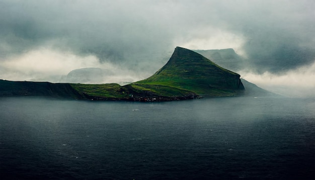 Peinture de ciel nuageux de montagne d'océan d'île de Féroé