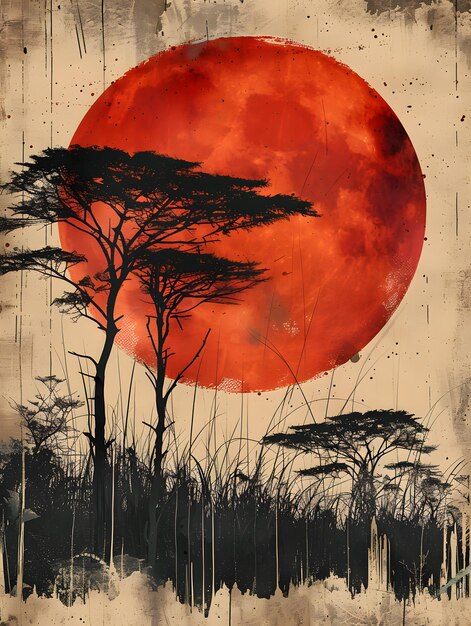Une peinture d'un ciel orange avec la pleine lune et des arbres dans un paysage d'écorégion