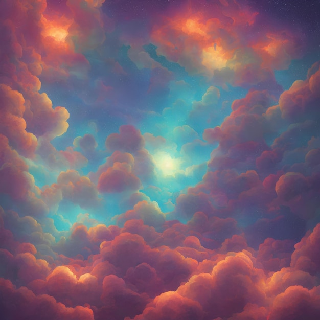 Une peinture d'un ciel plein de nuages.