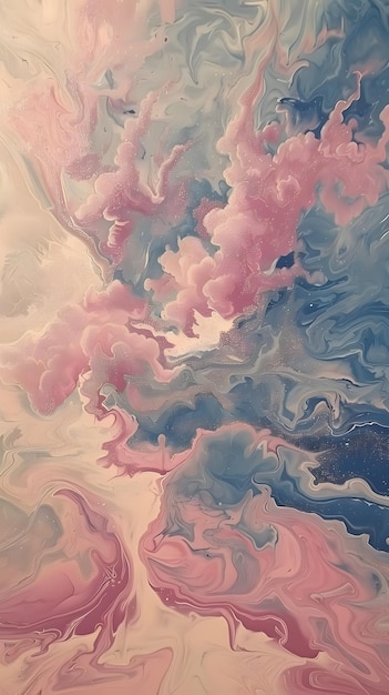 Une peinture de ciel rose et bleu avec des nuages cumulus