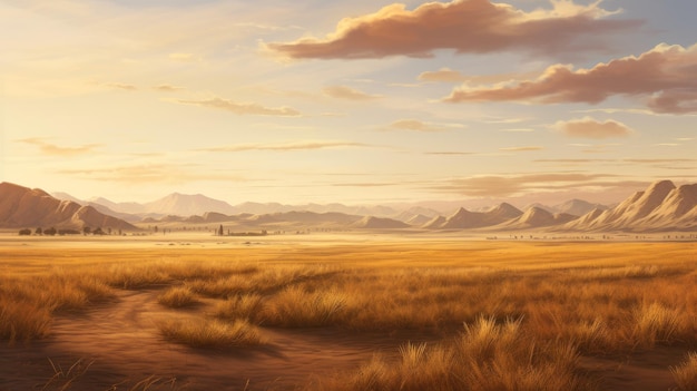 Peinture cinématographique du désert avec de l'herbe et des montagnes