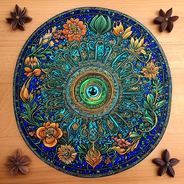 Une peinture circulaire avec une fleur dessus