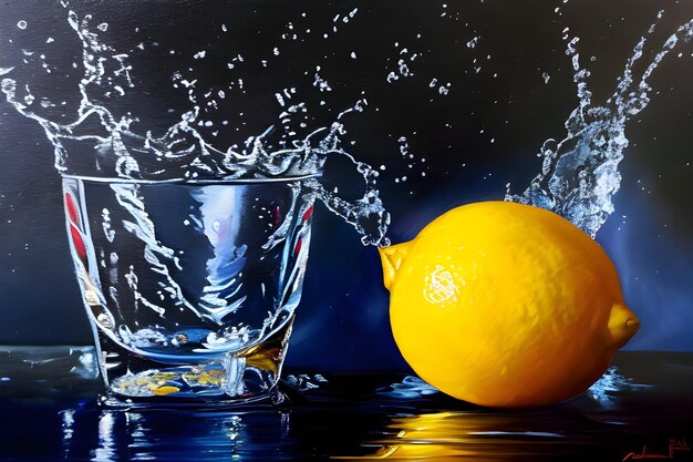 une peinture d'un citron qui est éclaboussé d'eau