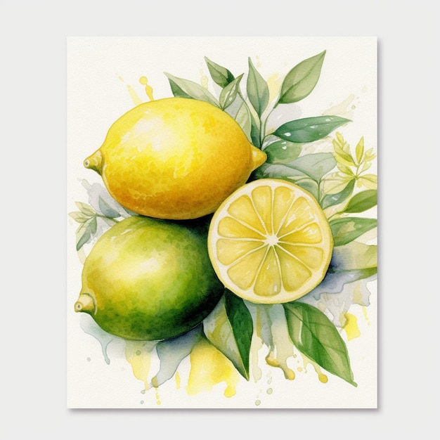 une peinture de citrons et de citrons avec des feuilles et une image de citrons.