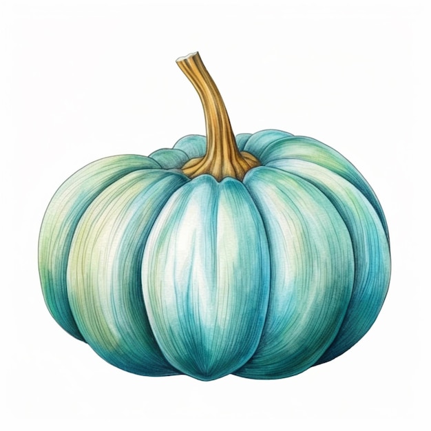 une peinture d'une citrouille bleue avec une tige verte sur un fond blanc