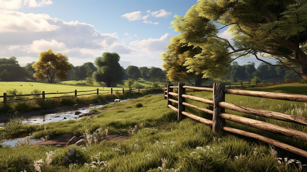 une peinture d'une clôture avec une clôture en bois et un champ avec un arbre en arrière-plan