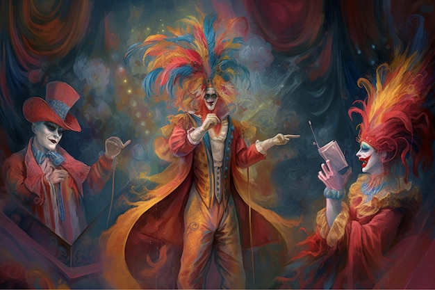 Une peinture de clowns en costumes colorés avec un homme en costume rouge et bleu.