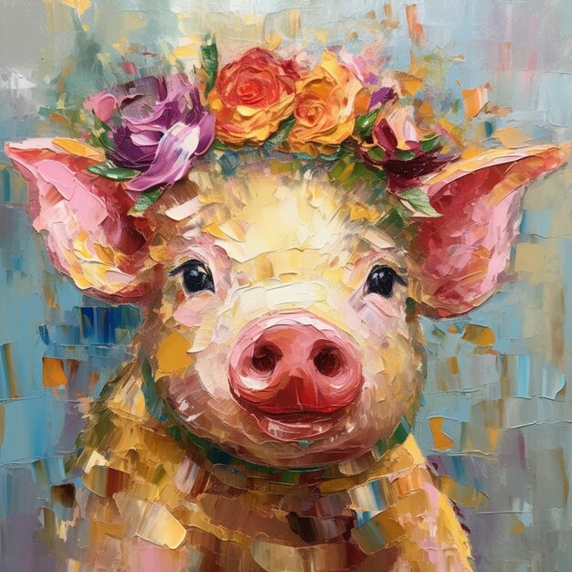 Peinture d'un cochon avec une couronne de fleurs sur sa tête