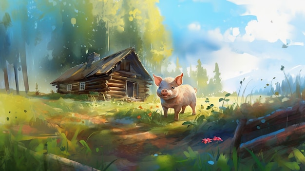 peinture d'un cochon debout devant une cabane dans un champ génératif ai