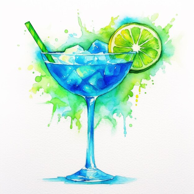 Peinture d'un cocktail bleu avec une tranche de citron vert dedans générative ai