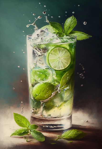 Une peinture d'un cocktail avec des limes et des feuilles de menthe