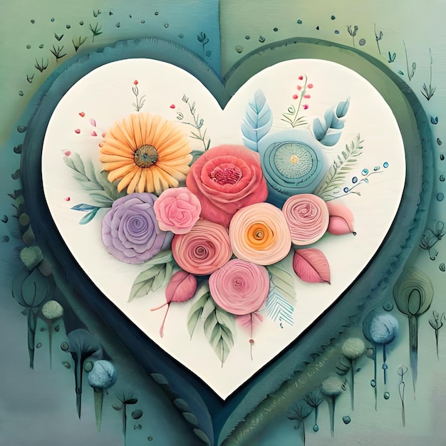 Une peinture d'un coeur avec des fleurs dessus