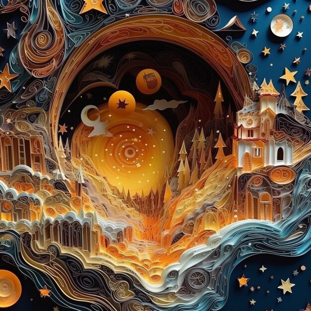 une peinture d'un coeur avec une lune et des étoiles en arrière-plan.