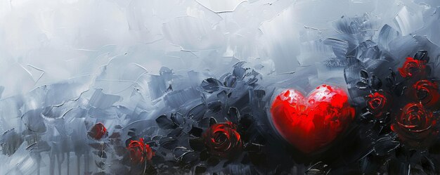 Peinture d'un cœur rouge entouré de roses noires
