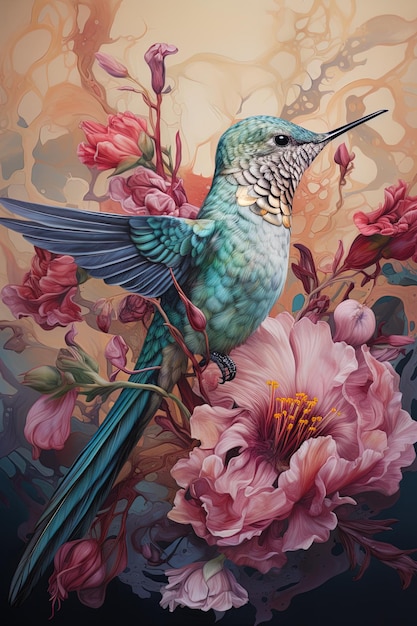 une peinture d'un colibri sur une fleur avec un oiseau dessus