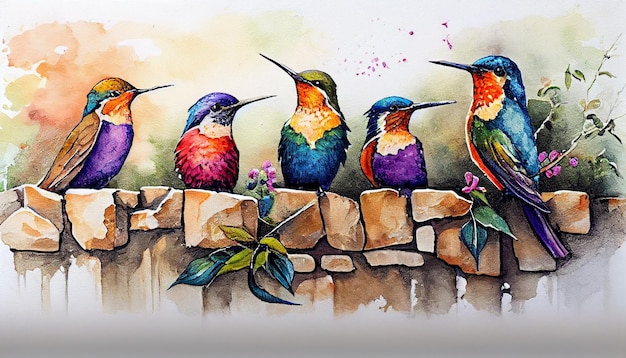 Une peinture d'un colibri sur un mur