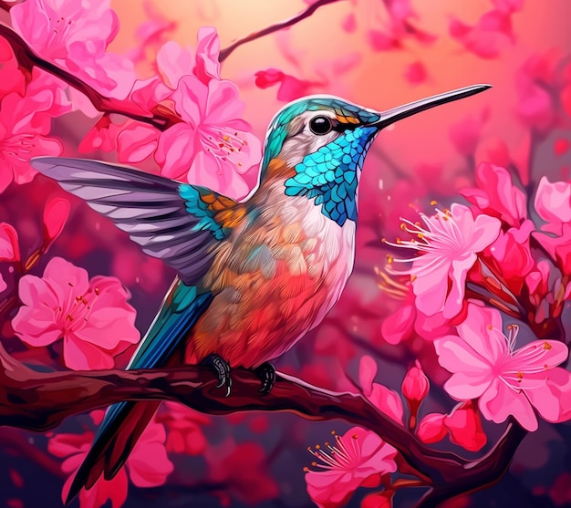 Peinture d'un colibri perché sur une branche d'un arbre à fleurs roses ai générative