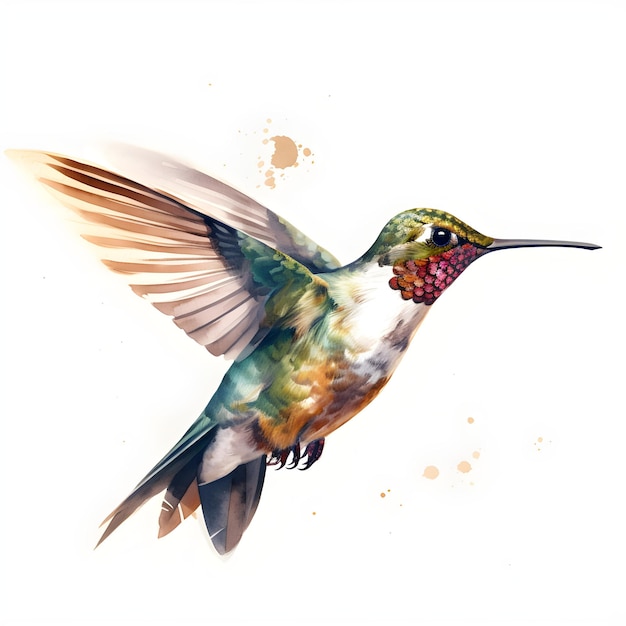 Une peinture d'un colibri avec des plumes vertes, jaunes et rouges.