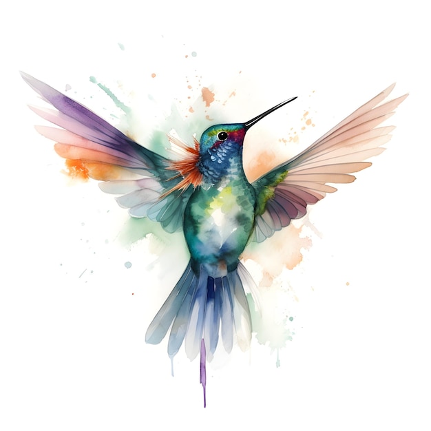 Une peinture d'un colibri avec une tête et des ailes bleues.