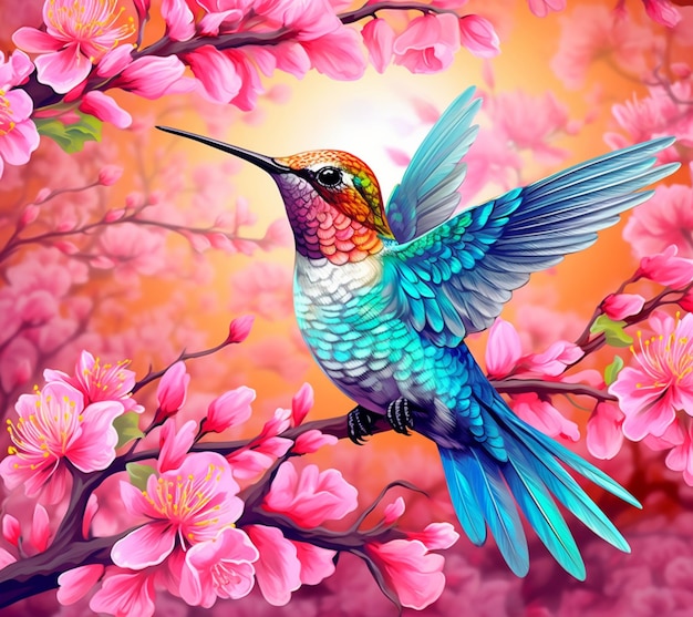 Peinture d'un colibri en vol avec des fleurs roses en arrière-plan ai générative