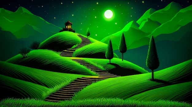Peinture d'une colline verte avec une maison dessus Generative AI