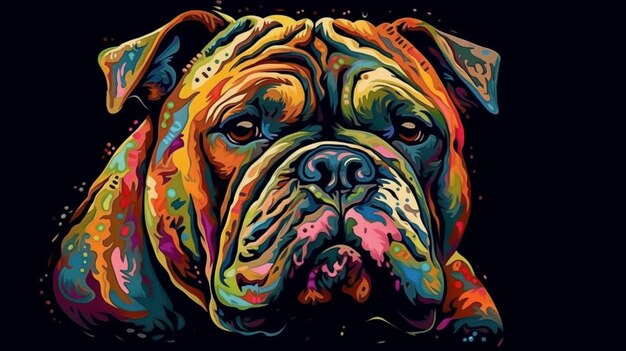 Une peinture colorée d'un bouledogue avec un fond noir.