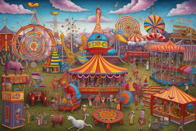 Une peinture colorée d'un carnaval avec une grande tente colorée et un grand carrousel.