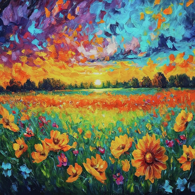 peinture colorée d'un champ avec des tournesols