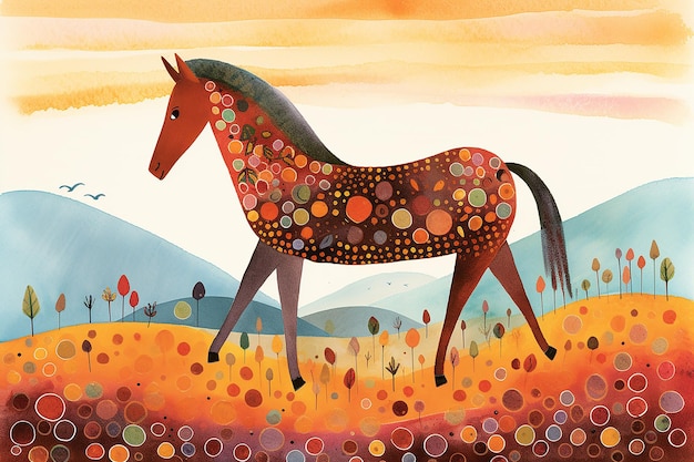 Une peinture colorée d'un cheval avec une montagne en arrière-plan