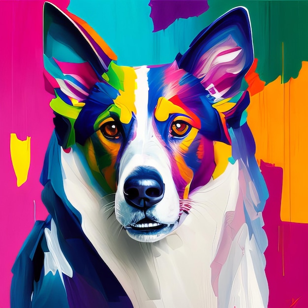 Une peinture colorée d'un chien avec un nez noir et un visage blanc