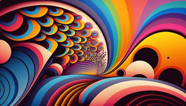 Une peinture colorée d'une conception en spirale avec les mots « arc-en-ciel » sur le fond.