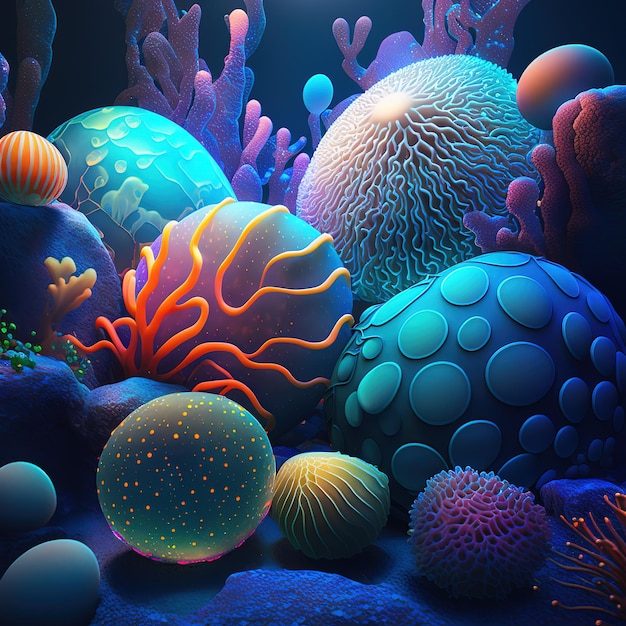 Une peinture colorée d'une créature marine avec un fond bleu et un récif de corail.