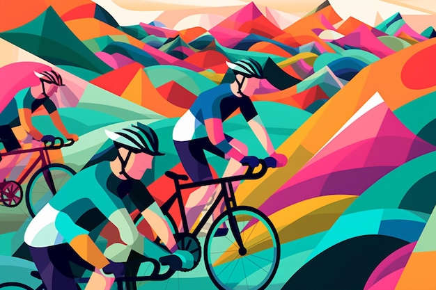 Une peinture colorée de deux cyclistes traversant un paysage de montagne.