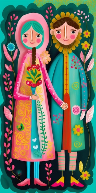 Une peinture colorée de deux personnes se tenant la main avec le mot amour dessus.