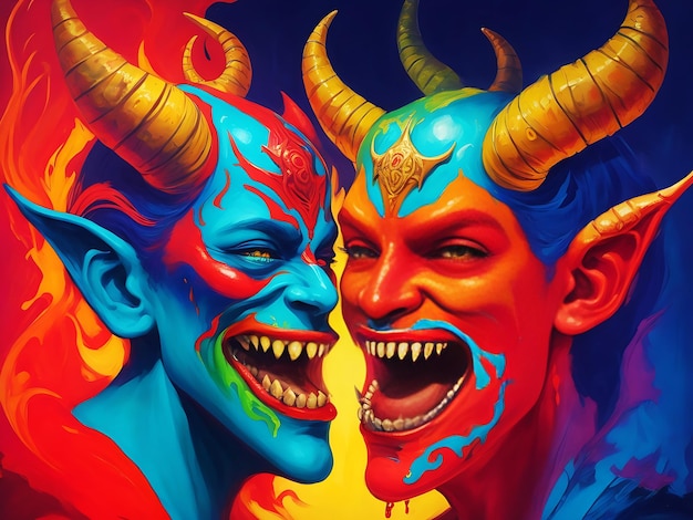 Une peinture colorée d'un diable avec un visage et un diable avec une bouche