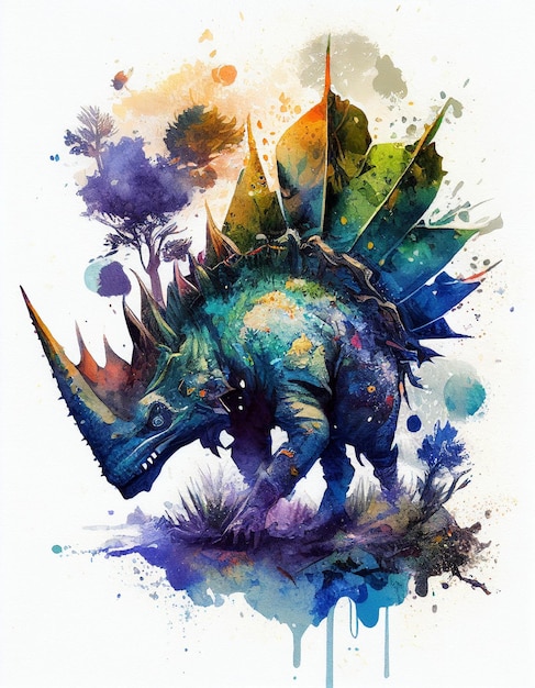 Une peinture colorée d'un dinosaure avec une corne verte sur la tête.