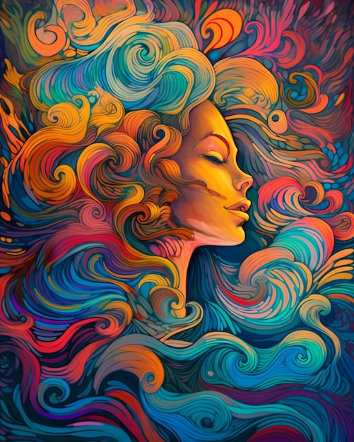 Une peinture colorée du visage d'une femme aux couleurs de l'arc-en-ciel.