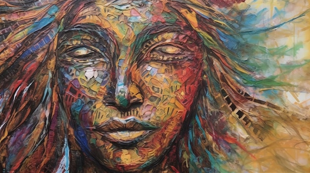 Une peinture colorée du visage d'une femme avec le mot amour dessus.