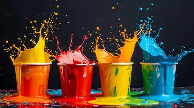 La peinture colorée éclaboussant des tasses