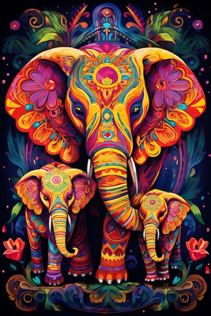 une peinture colorée d'un éléphant avec des fleurs dessus