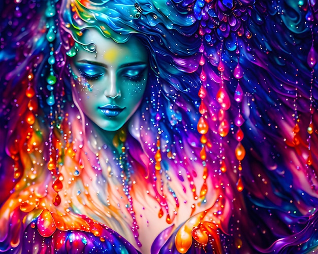 Une peinture colorée d'une femme avec des cheveux de couleur arc-en-ciel et une tête de couleur arc-en-ciel.
