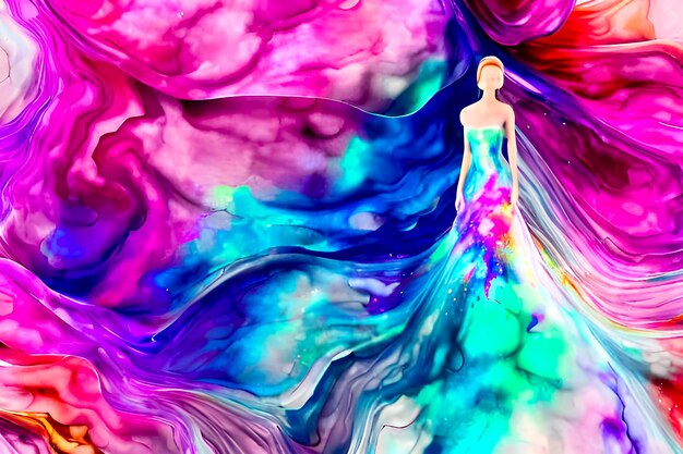 Une peinture colorée d'une femme dans une robe avec un motif arc-en-ciel.