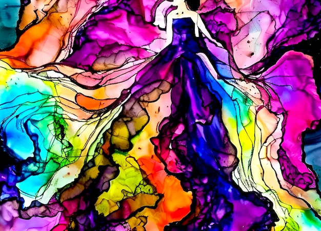 Une peinture colorée d'une femme en robe