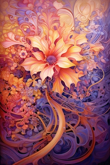 Une peinture colorée d'une fleur avec un fond violet.