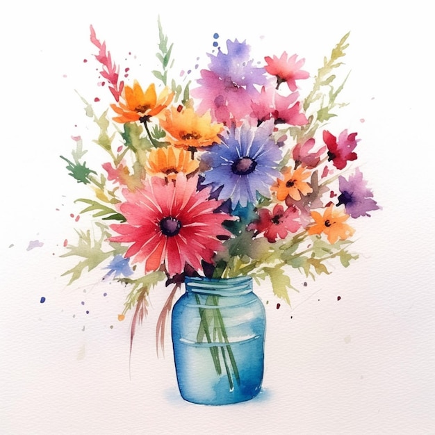 Peinture colorée de fleurs aquarelle dans un vase en verre