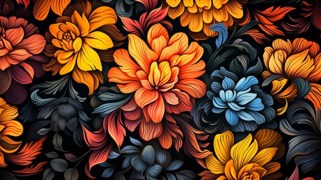 une peinture colorée de fleurs avec des couleurs orange et bleue