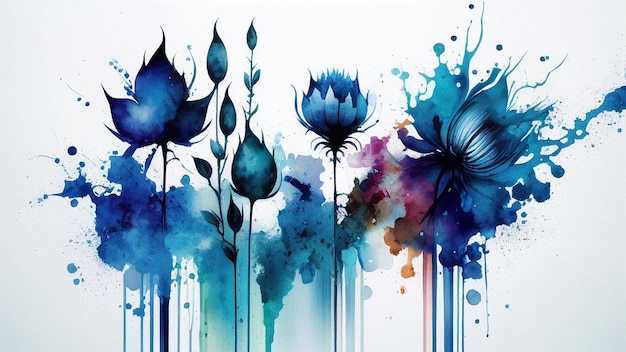 Une peinture colorée de fleurs avec un fond bleu et les mots "bleu" dessus