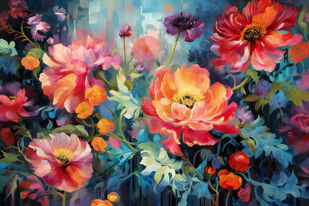 Une peinture colorée de fleurs sur fond floral