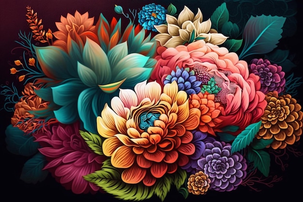 Une peinture colorée de fleurs avec le mot