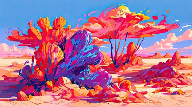une peinture colorée de fleurs et de plantes avec le coucher du soleil en arrière-plan